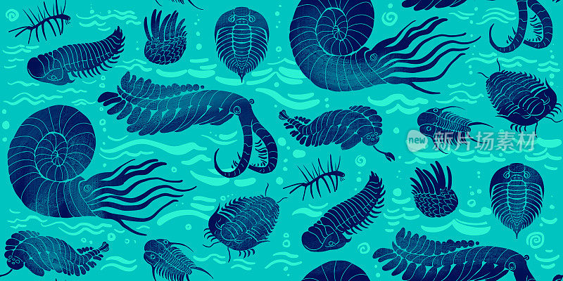 Seamless pattern with Cambrian, Ordovician sea animals: Trilobites, Anomalocaris and others on blue-green background